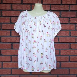 Lands End Cotton Voile Top Size L White Floral Short Puff Sleeve Cottage Prairie